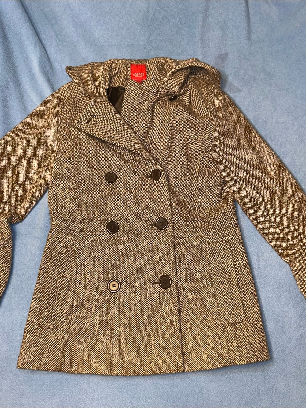 Esprit Gray Tweed Hooded Double-Breasted Peacoat w/Hood
